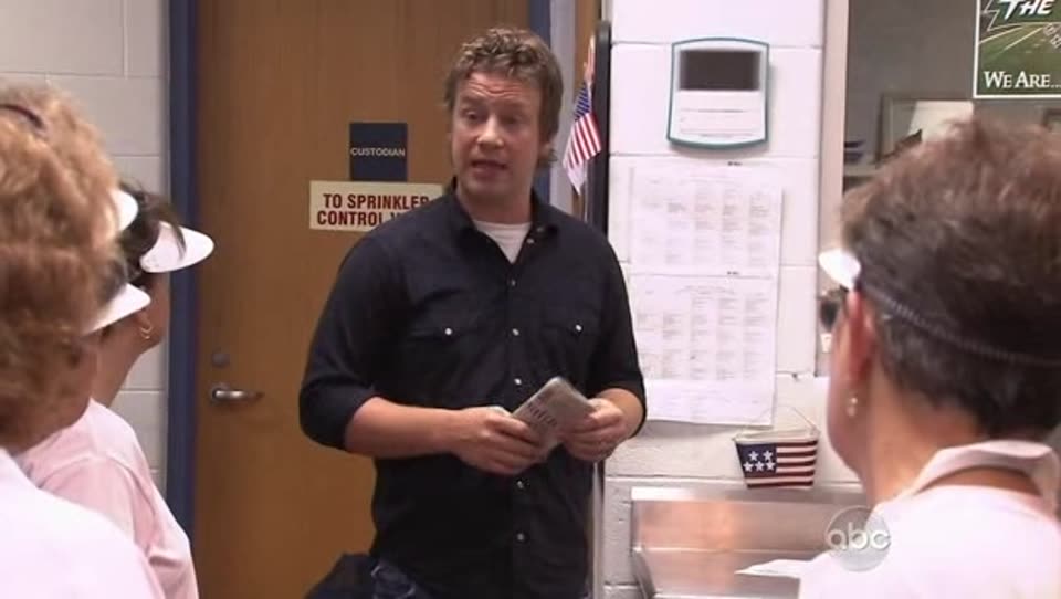 Jamie Oliver in a school kitchen